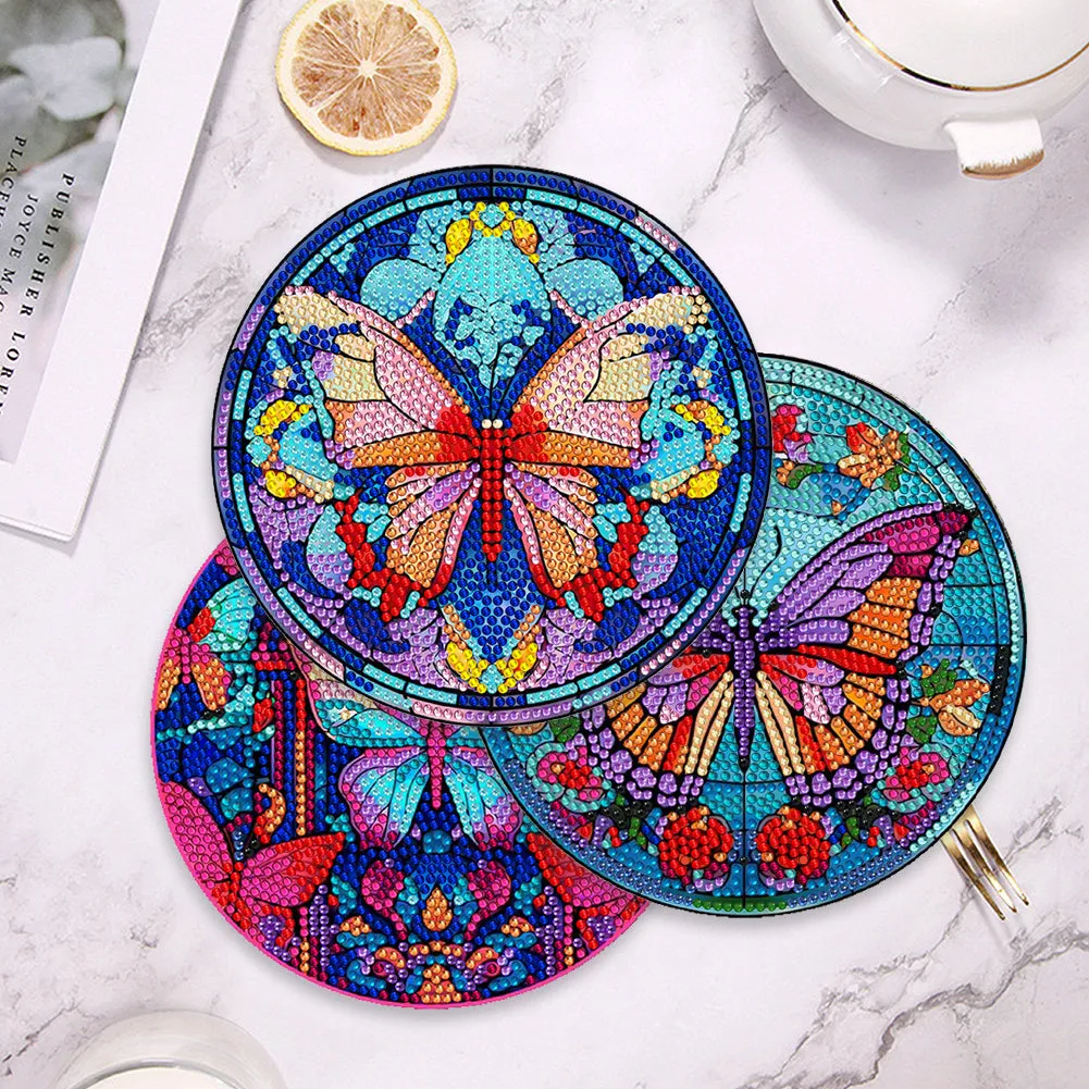 4 Pcs Acrylic Diamond Painted Placemats Tableware Mat with Holder (Butterfly)