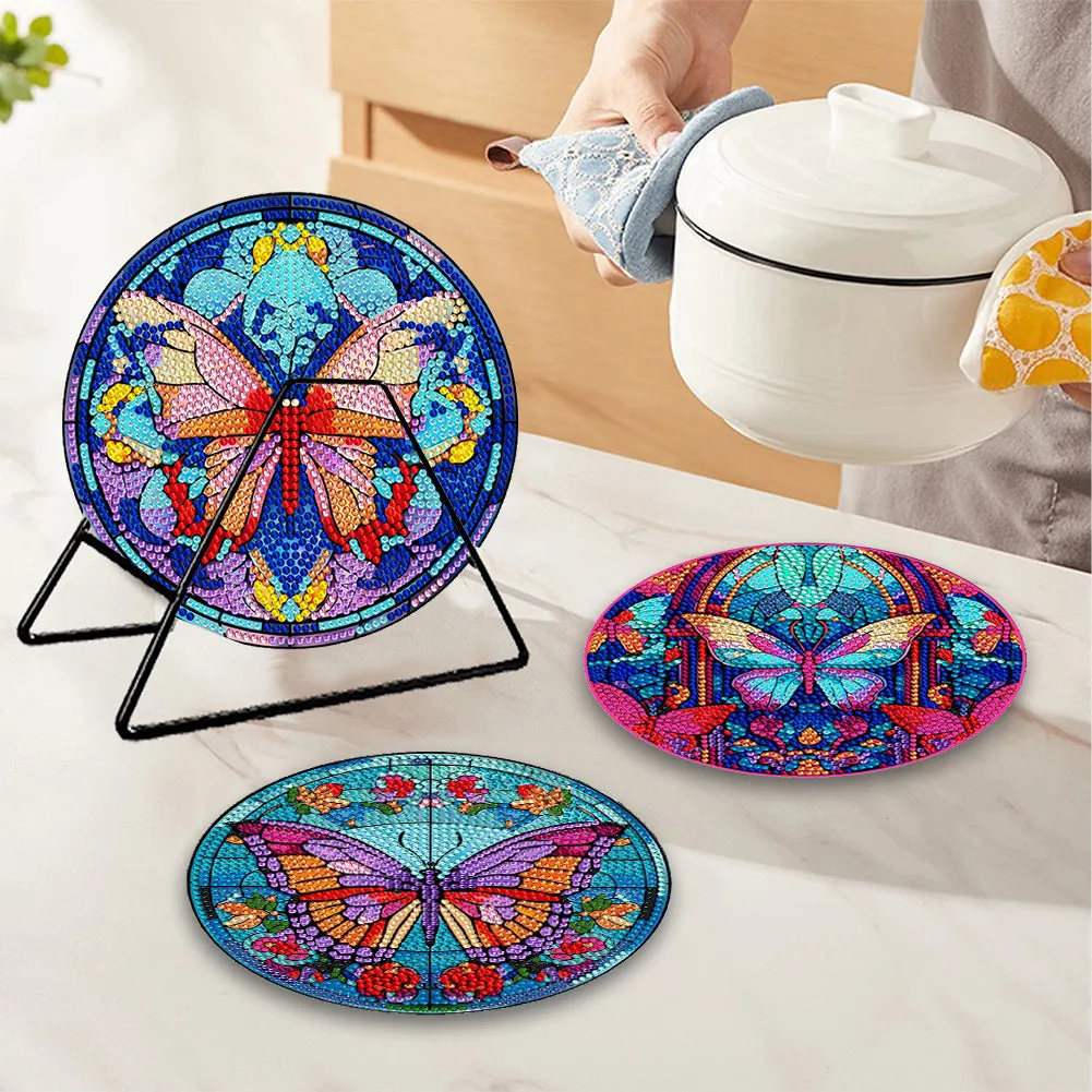 4 Pcs Acrylic Diamond Painted Placemats Tableware Mat with Holder (Butterfly)