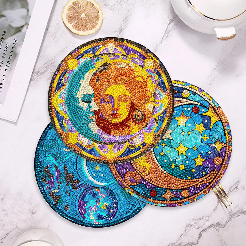 4Pcs Acrylic Diamond Painted Placemats Tableware Mat with Holder(Moon and Stars)