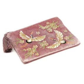 81564 Pink Embroidered And Beaded Crane Flat Velvet Purse By Pom