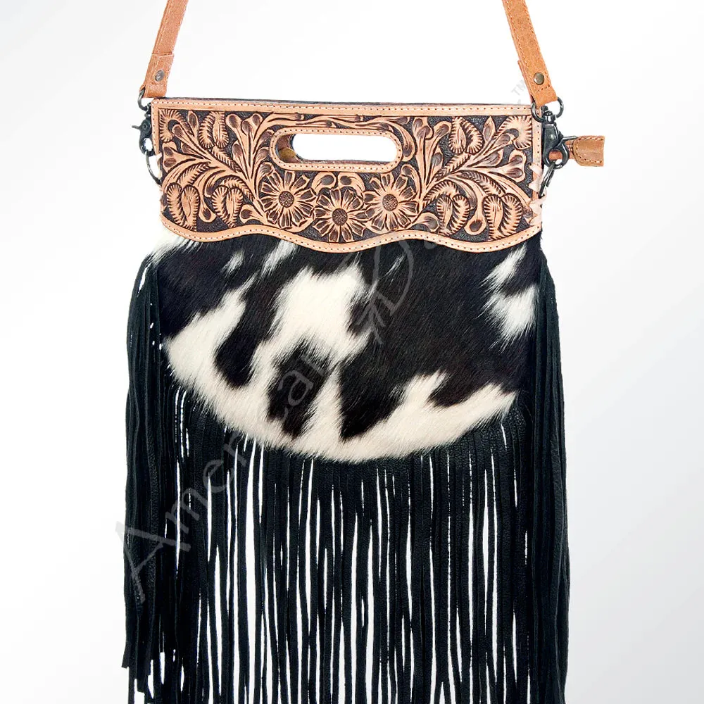 American Darling Black and White Hide Fringe Cross Body Purse