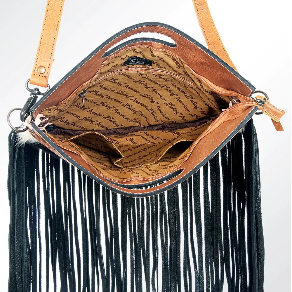 American Darling Black and White Hide Fringe Cross Body Purse