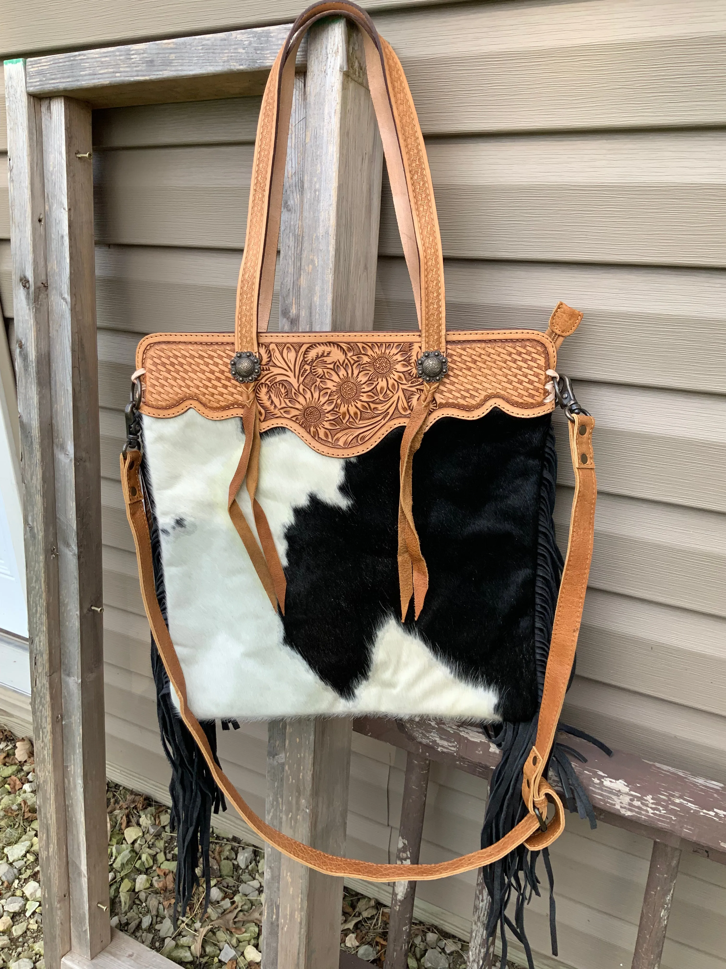 American Darling Black Cowhide w/ Tooled Trim & Fringe Shoulder Bag ADBGS113BKW