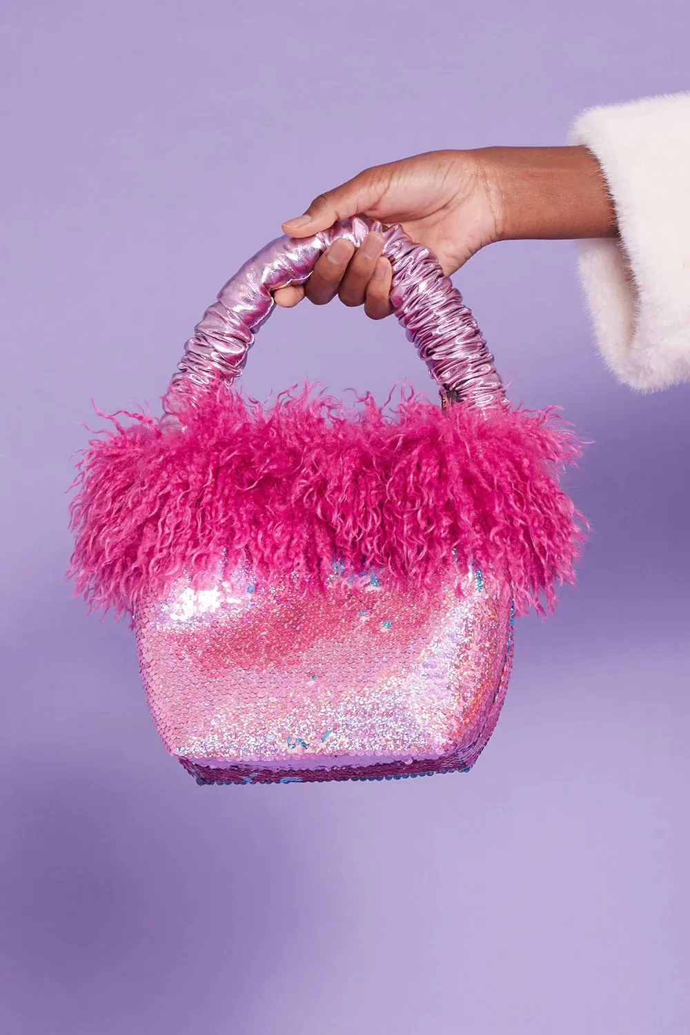 Bamboo Sequin Pink Faux Fur Bag