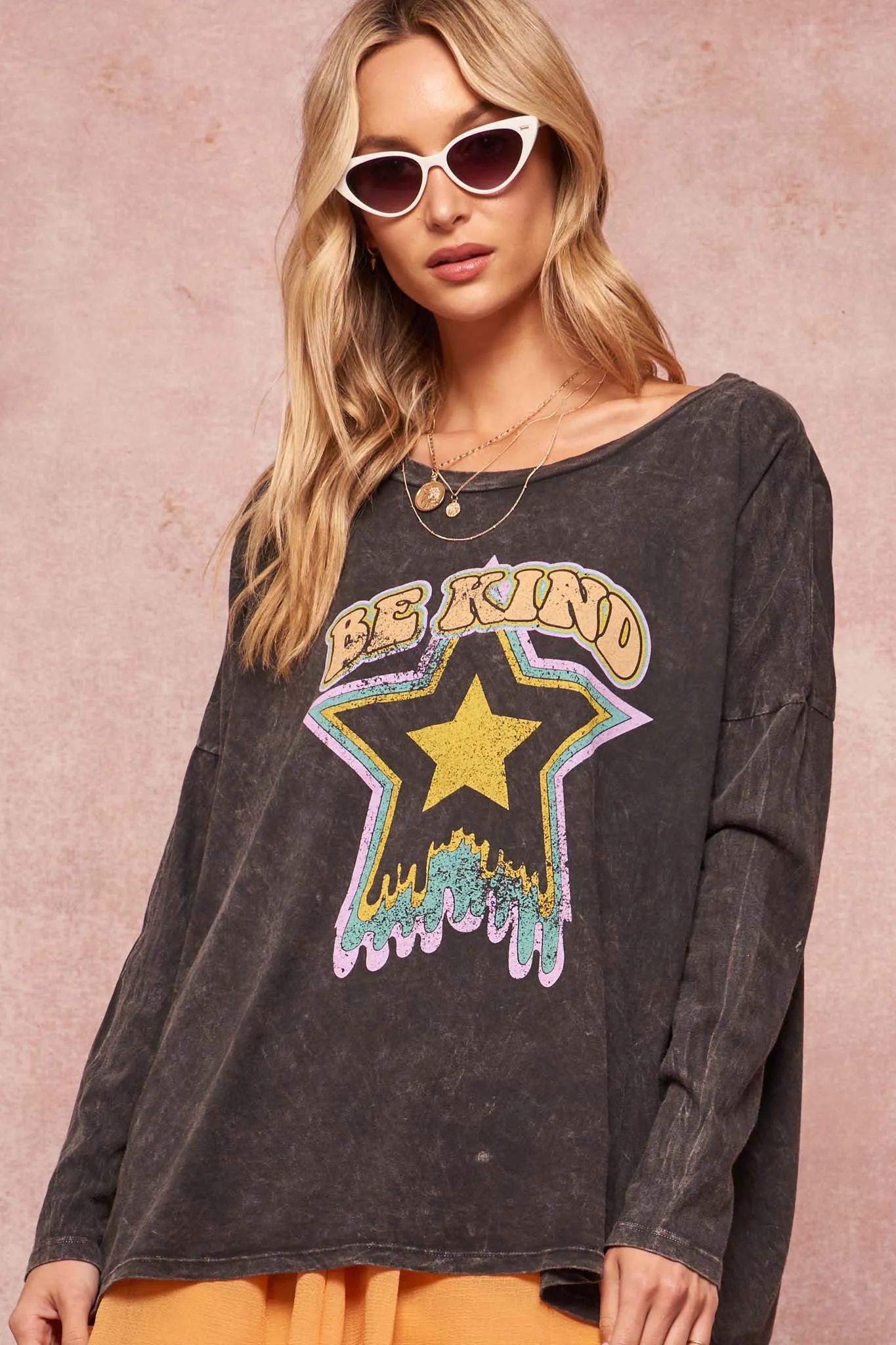 Be Kind Vintage-Washed Long-Sleeve Graphic Tee