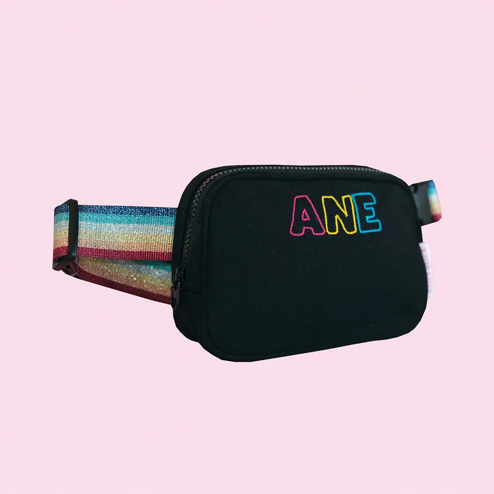 Black and Rainbow Metallic Strap Fanny Pack