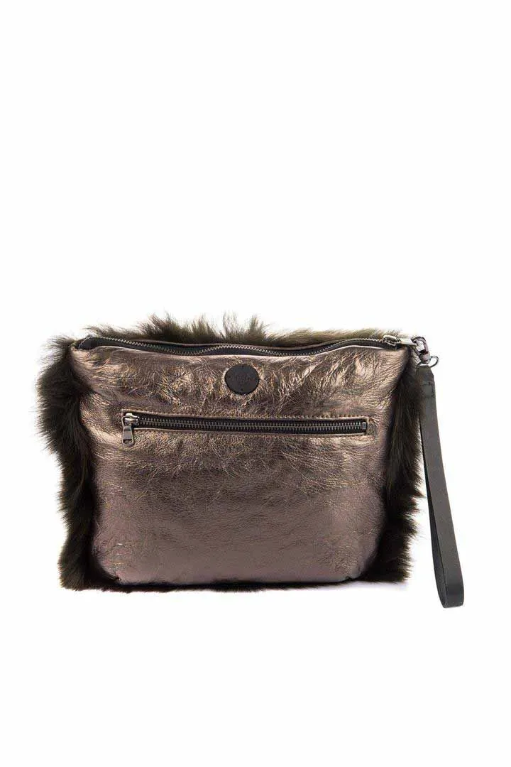 Black Metallic Shearling Clutch