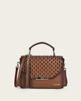 Brown bovine top handle handbag