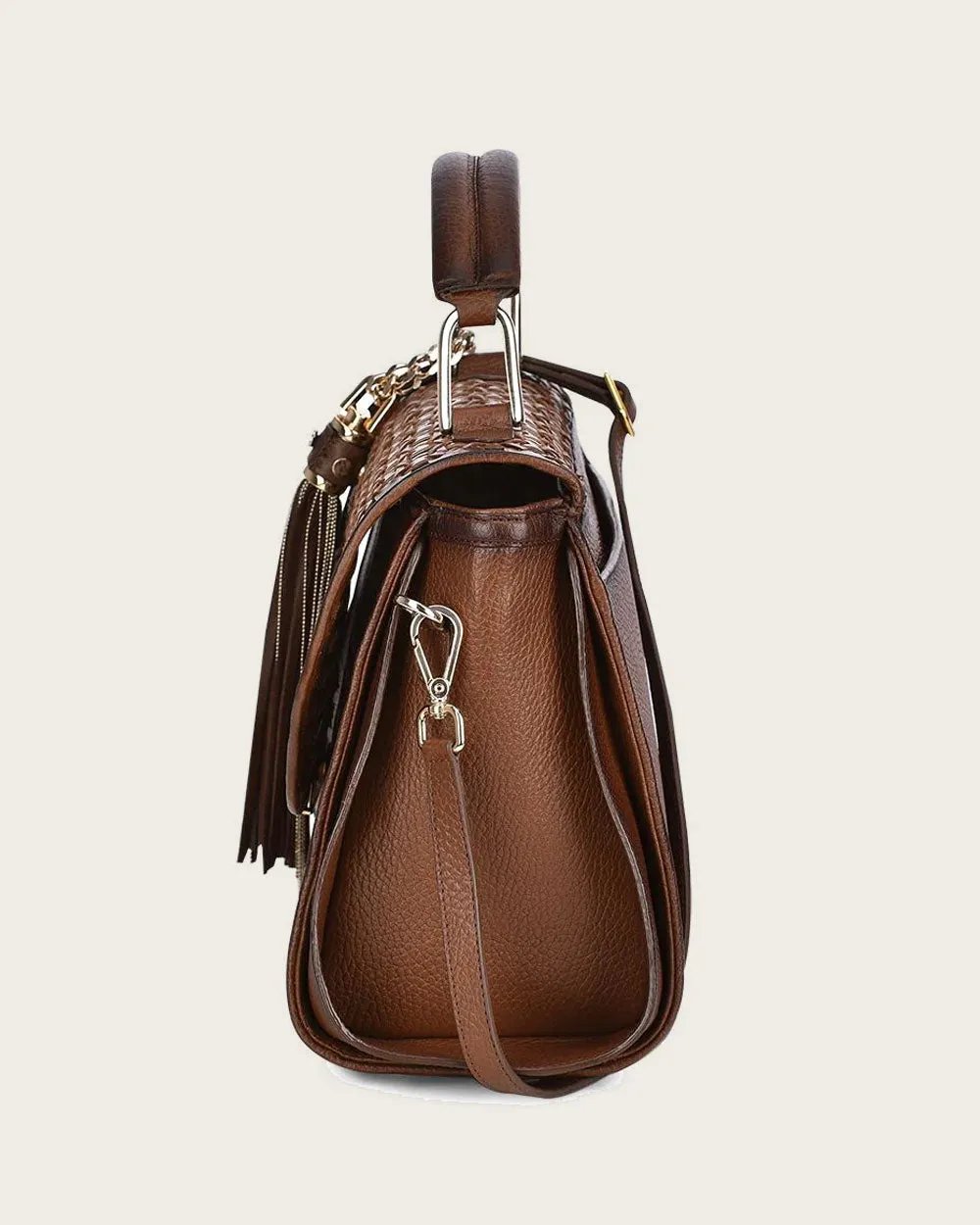 Brown bovine top handle handbag