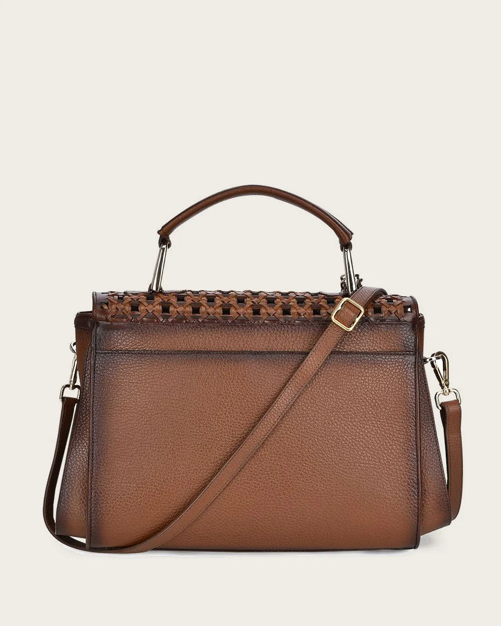 Brown bovine top handle handbag