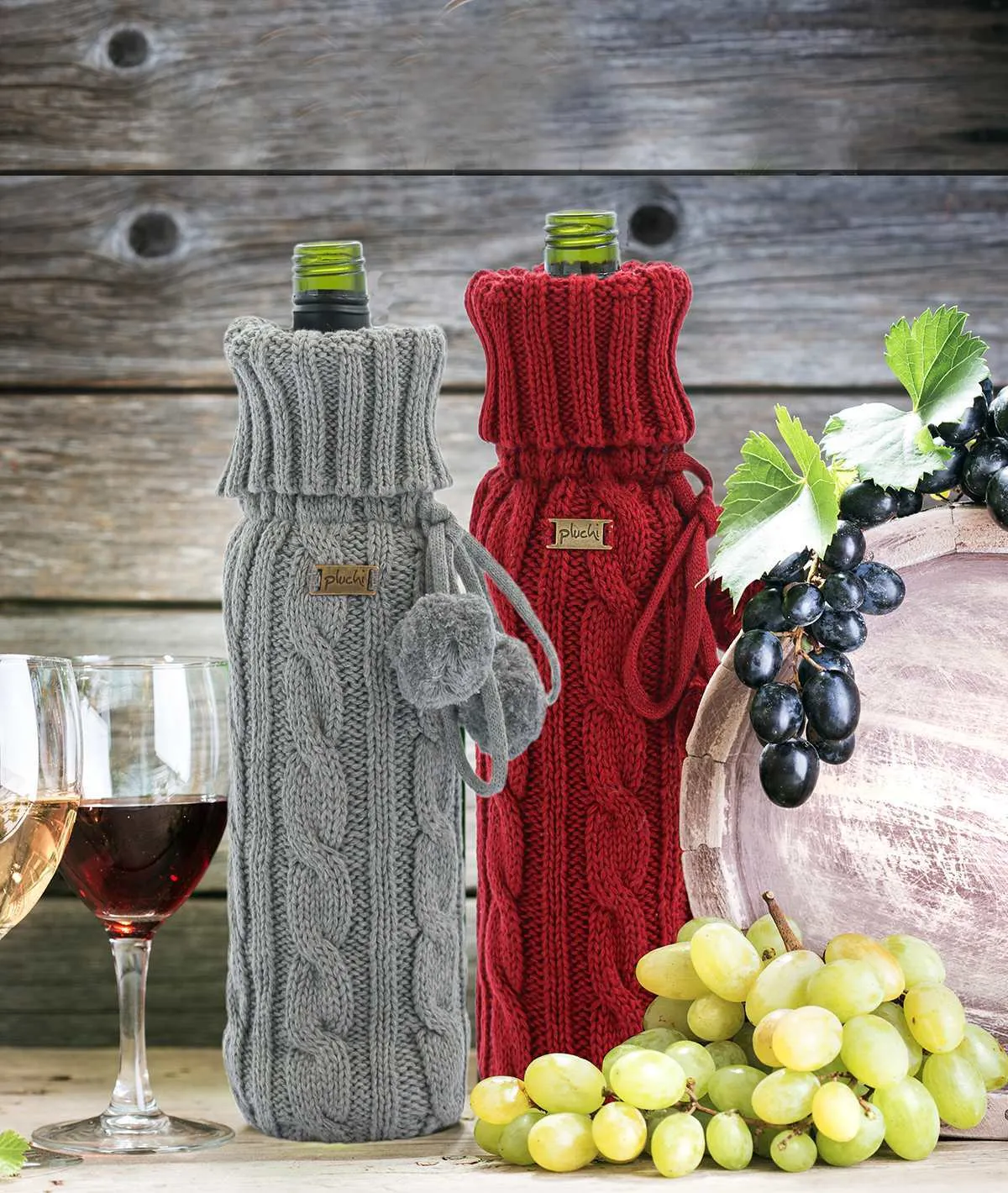 Cable Criss Cotton Knitted Wine Bottle Cover (Light Grey Melange)