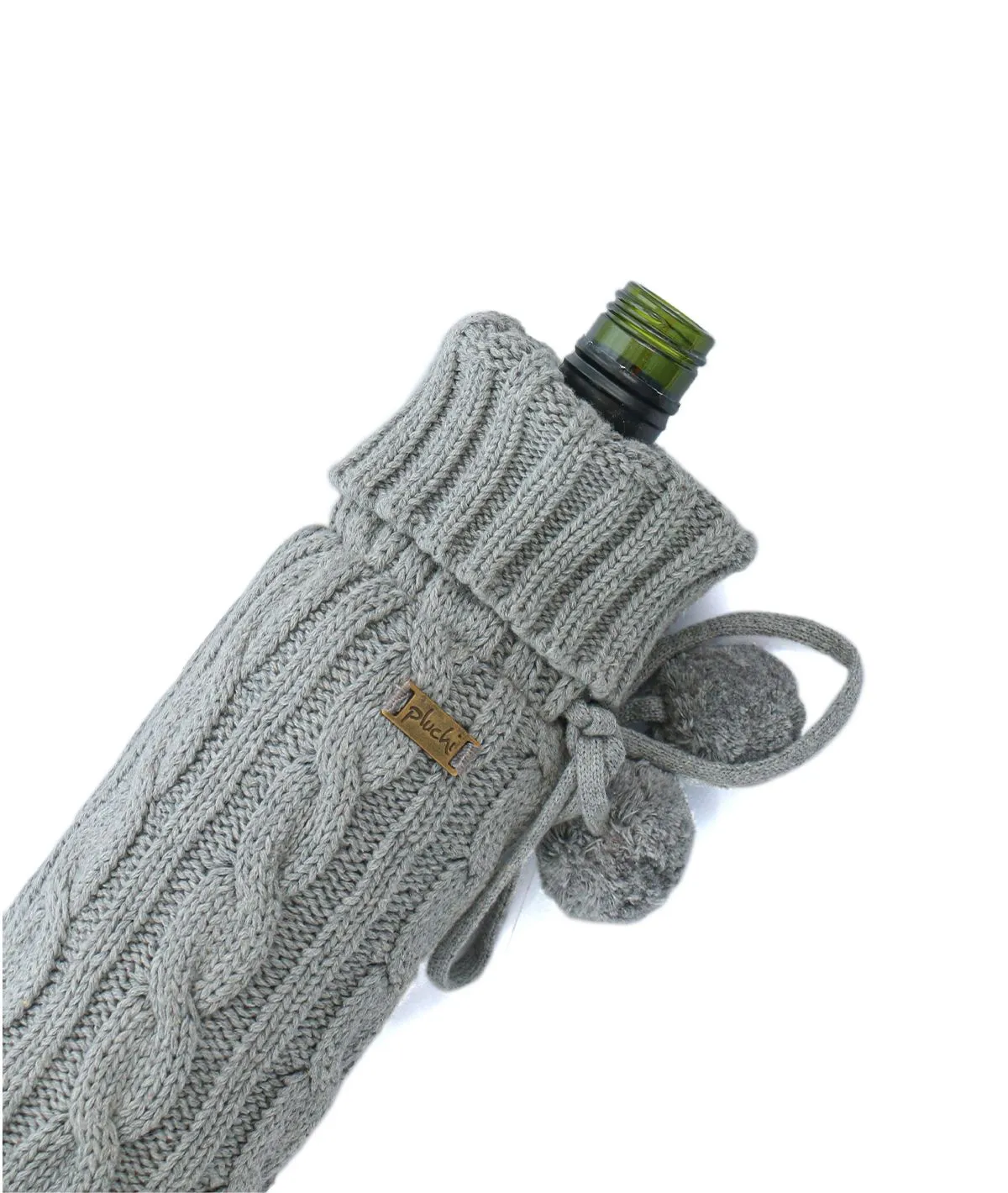 Cable Criss Cotton Knitted Wine Bottle Cover (Light Grey Melange)