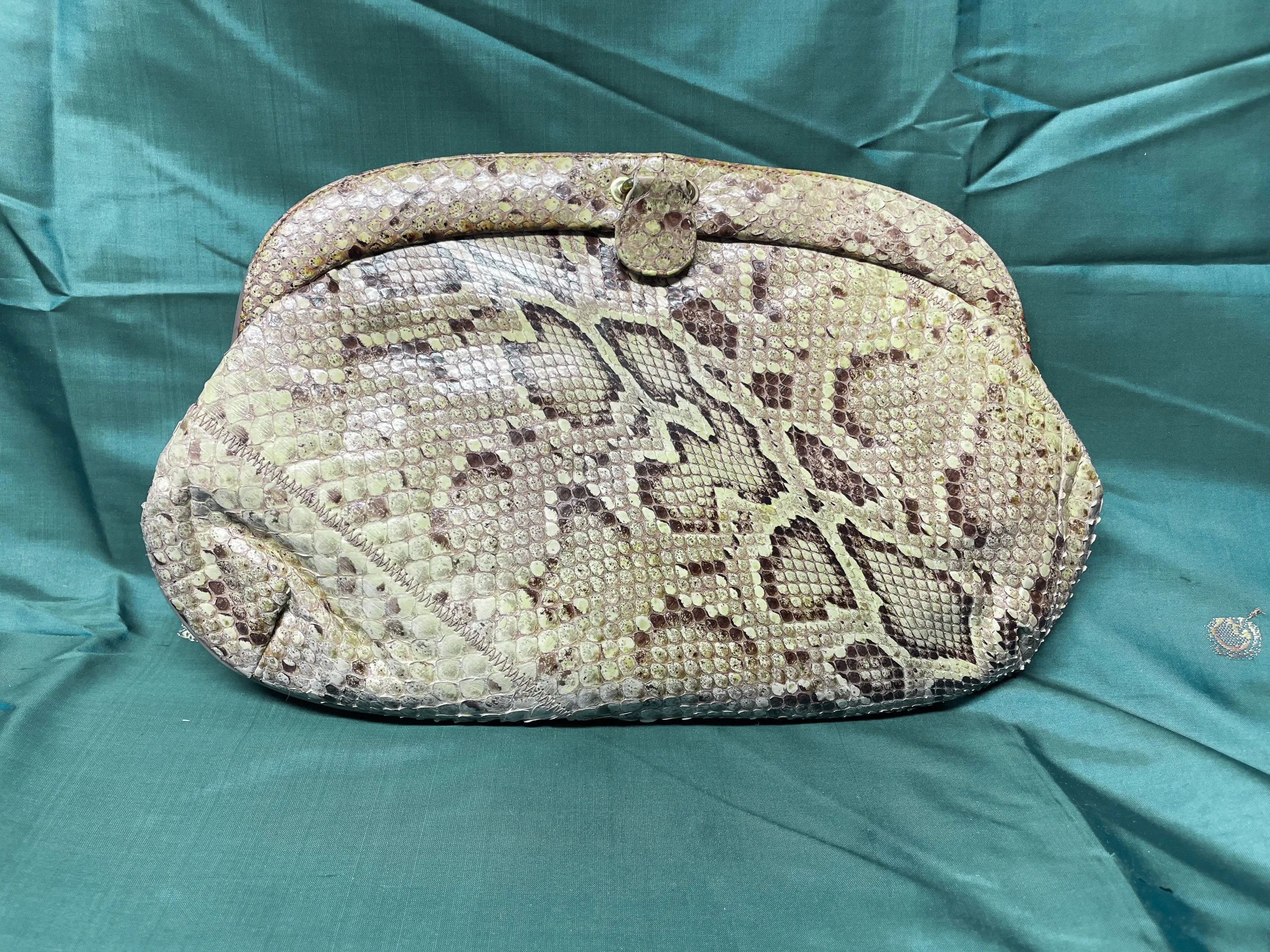 Caprice Vintage 70s Cream/Brown genuine Snakeskin Clutch Bag   Metal Strap