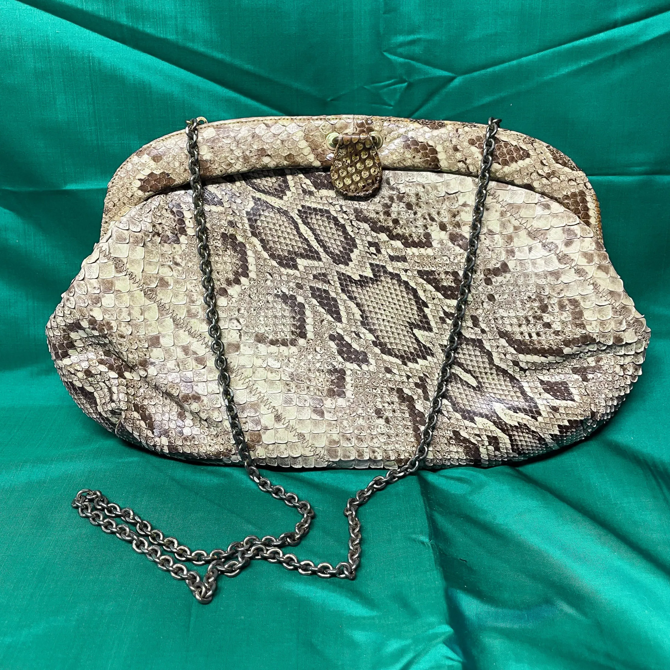 Caprice Vintage 70s Cream/Brown genuine Snakeskin Clutch Bag   Metal Strap