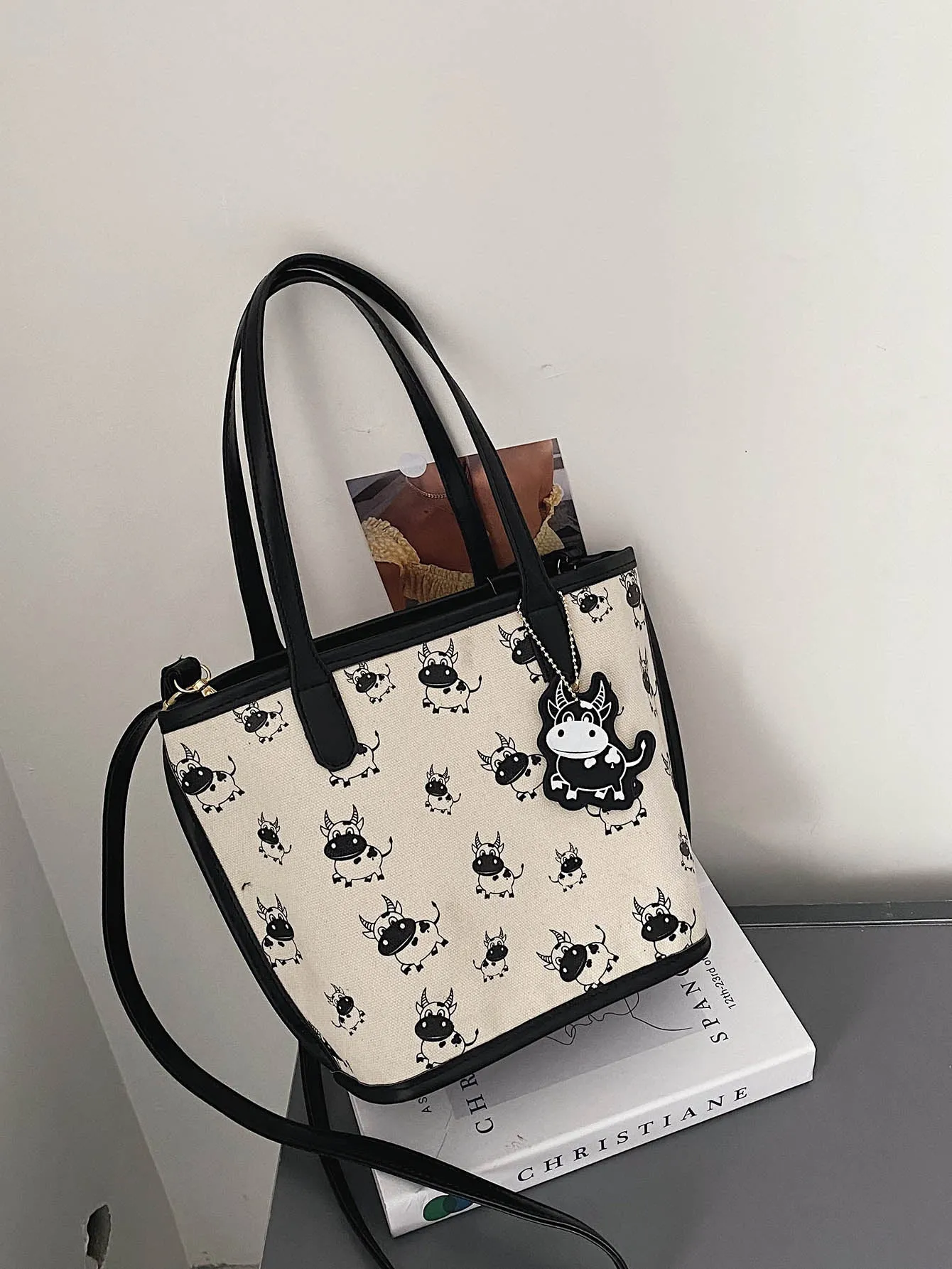 Cartoon Cow Print Tote Bag With Crossbody Bag