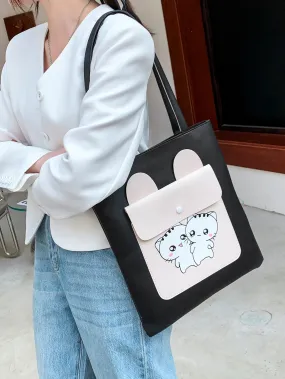 Cartoon Graphic Two Tone Shoulder Tote Bag