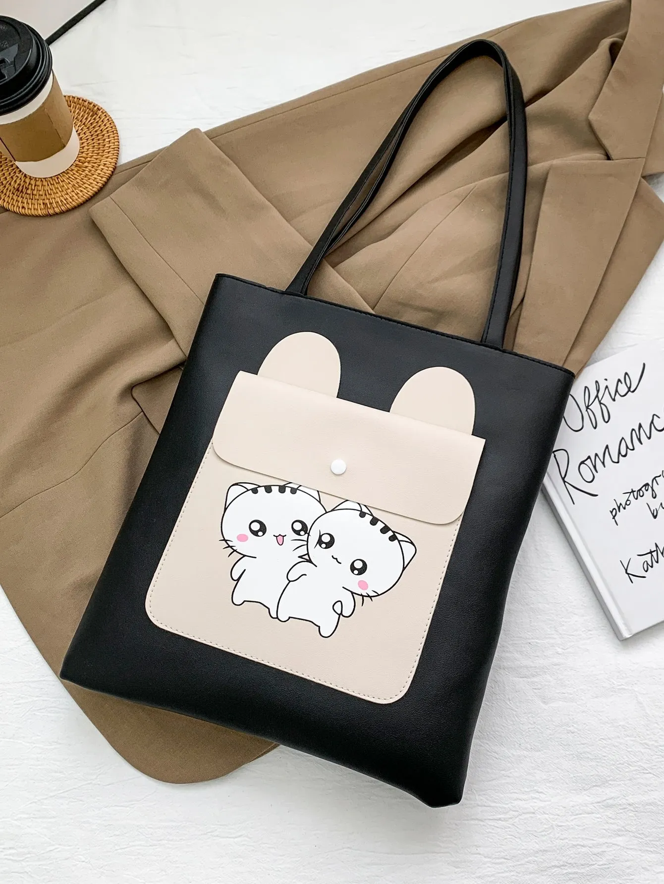 Cartoon Graphic Two Tone Shoulder Tote Bag