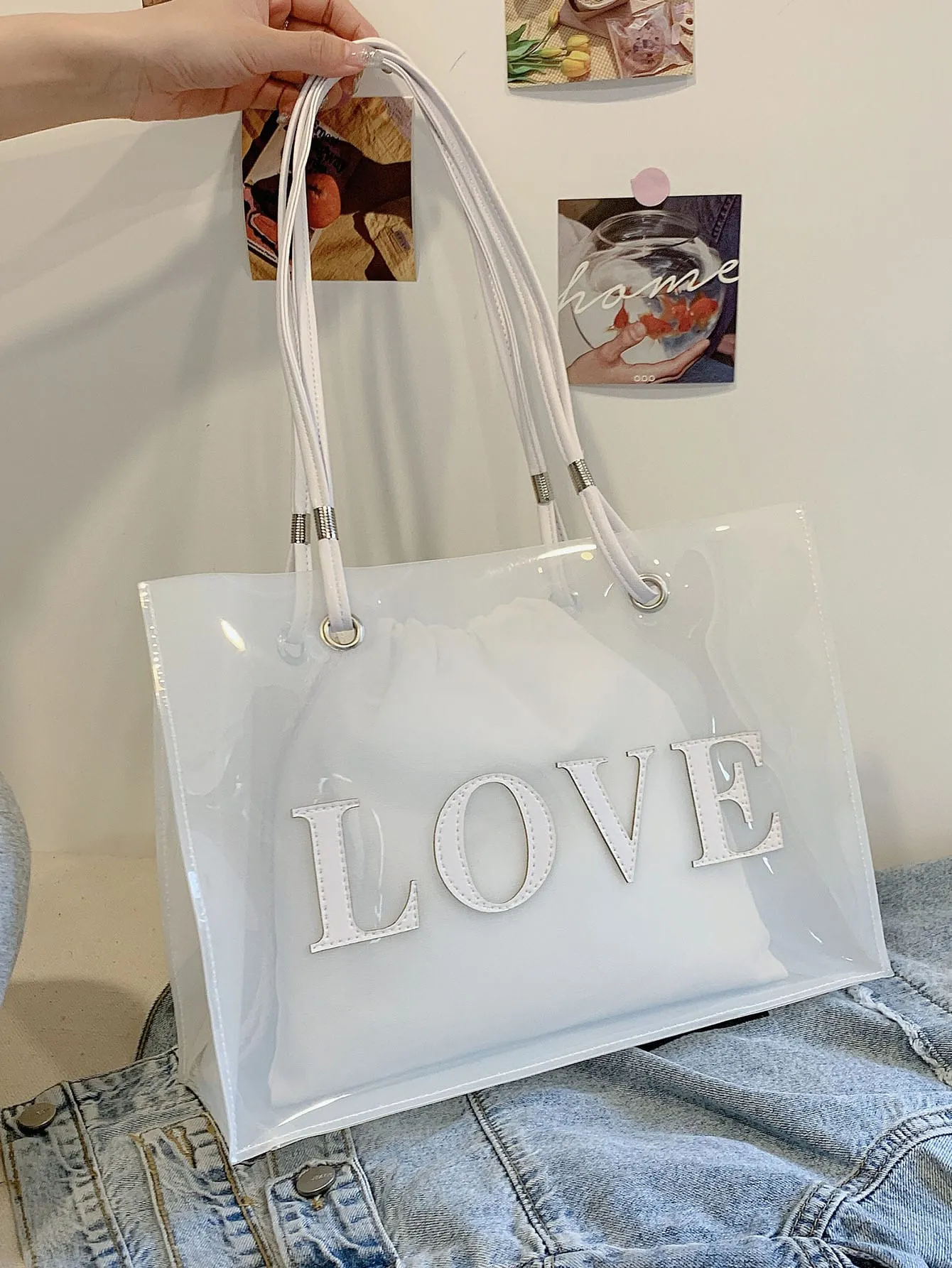 Clear Slogan Graphic Tote Bag With Clutch Bag