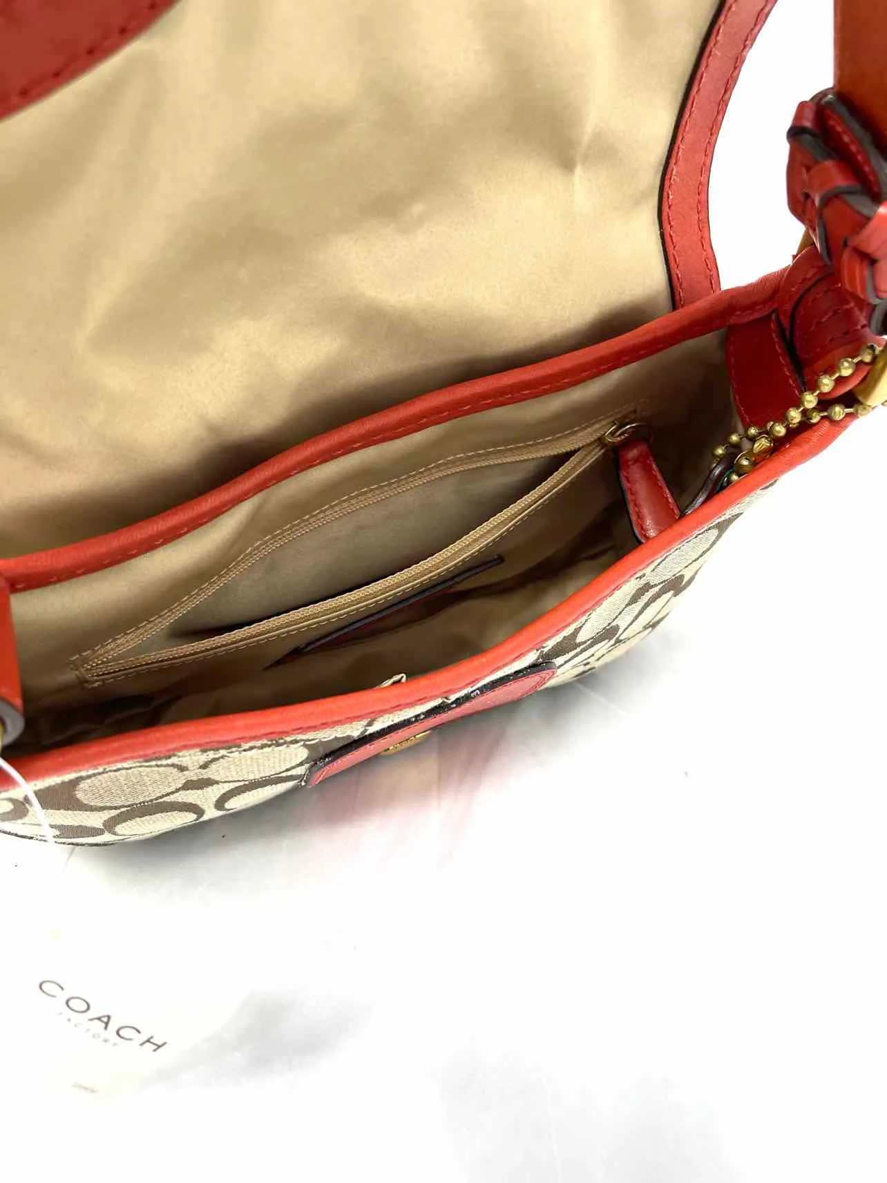 Coach Red/Tan Shoulder Bag Signature Fabric/Leather NEW Designer Purse