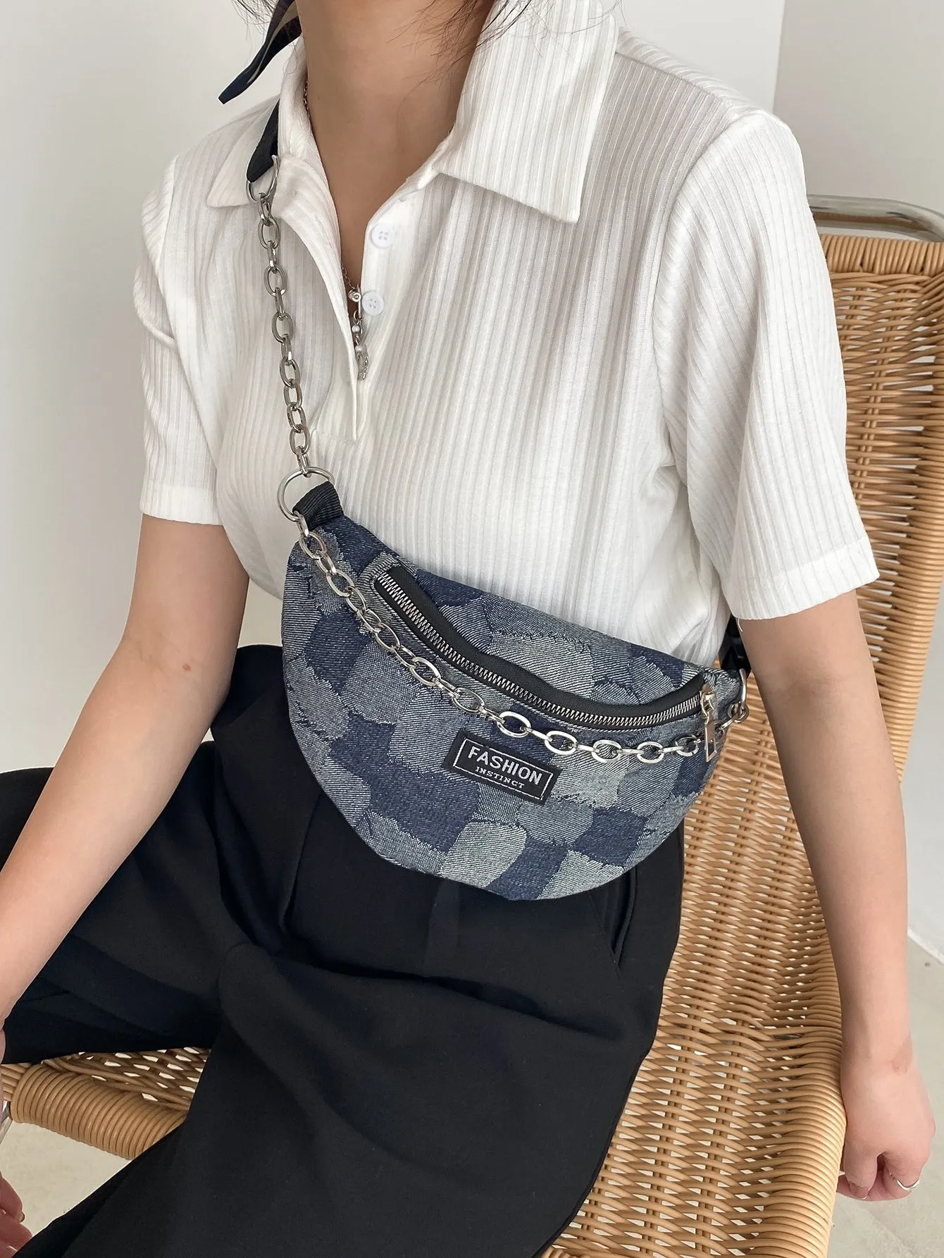 Colorblock Chain Decor Denim Fanny Pack