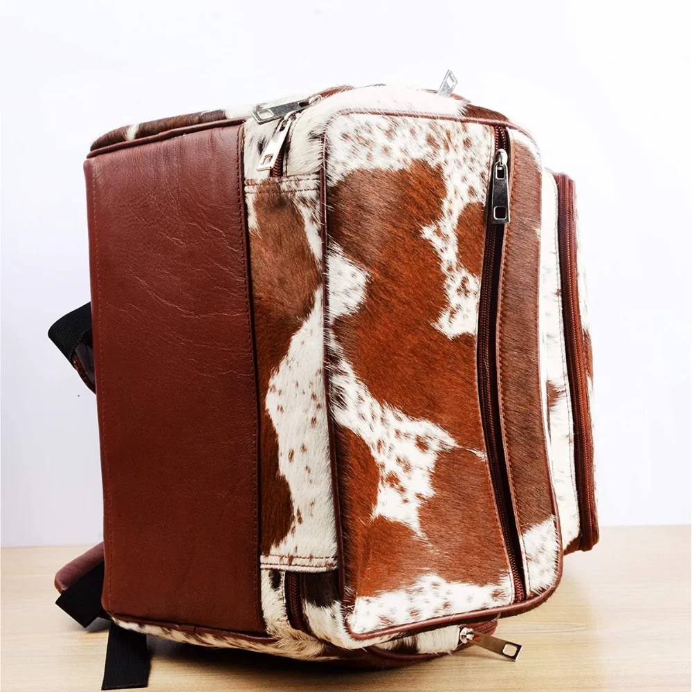 Cowhide Fur Leather Diaper Backpack - Multi-Compartment Western Backpack for Daily Use