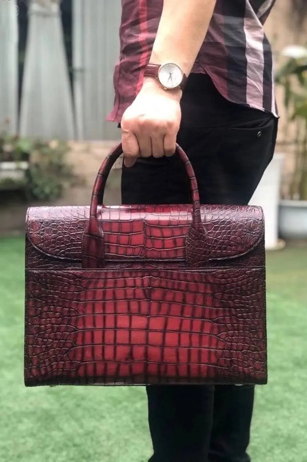 Crocodile Leather Briefcase Vintage Brown