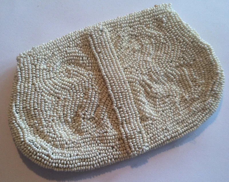 Elegant Beaded Evening Bag in Whites and Silver w/ Faux Pearls circa 1930s