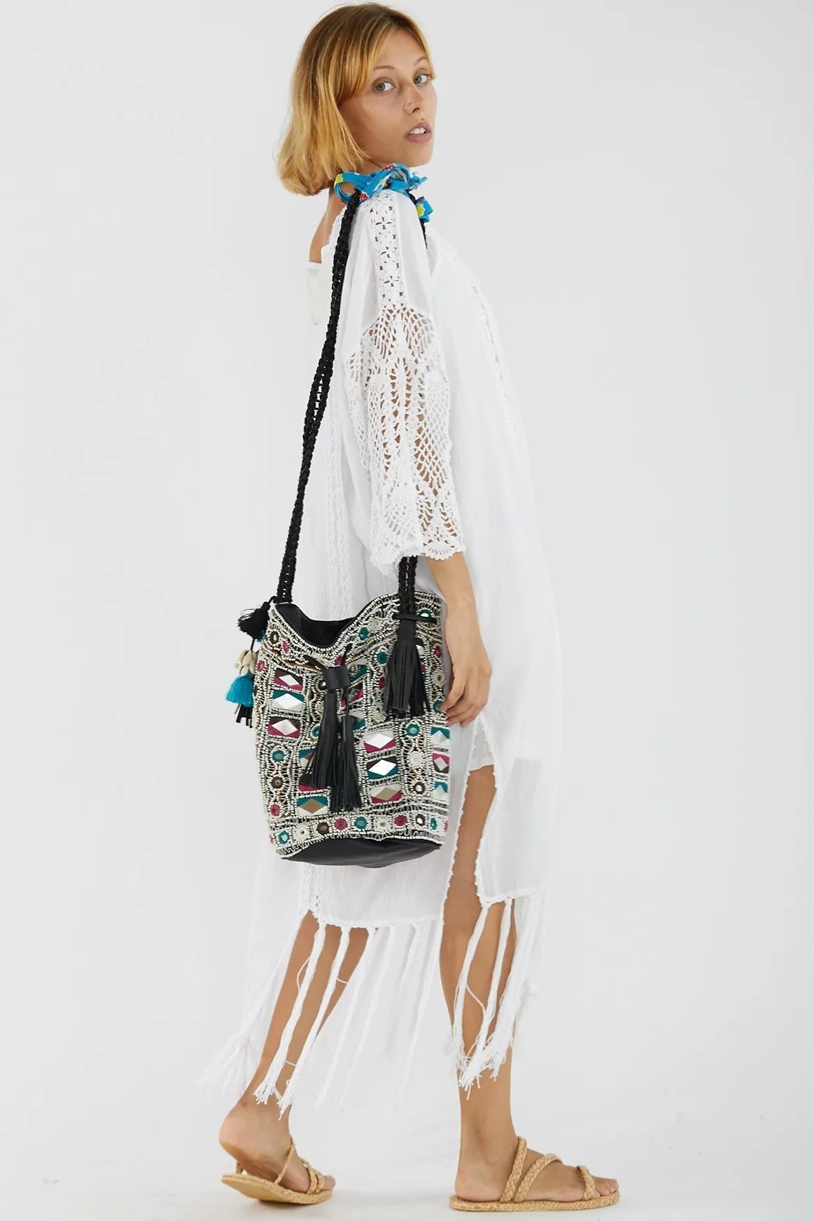 EMBELLISHED LEATHER STUDDED BUCKET BAG JADE