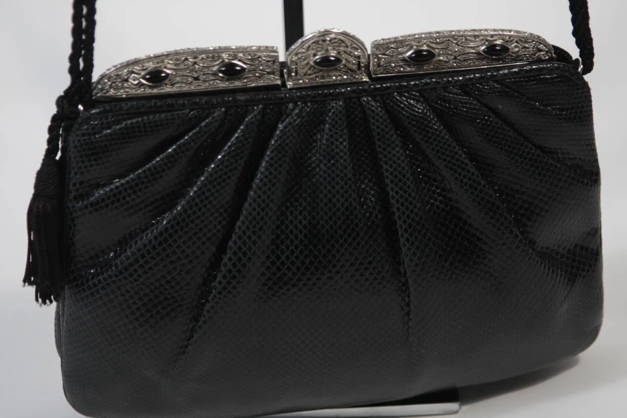 JUDITH LEIBER Black Lizard Evening Purse with Metal Frame