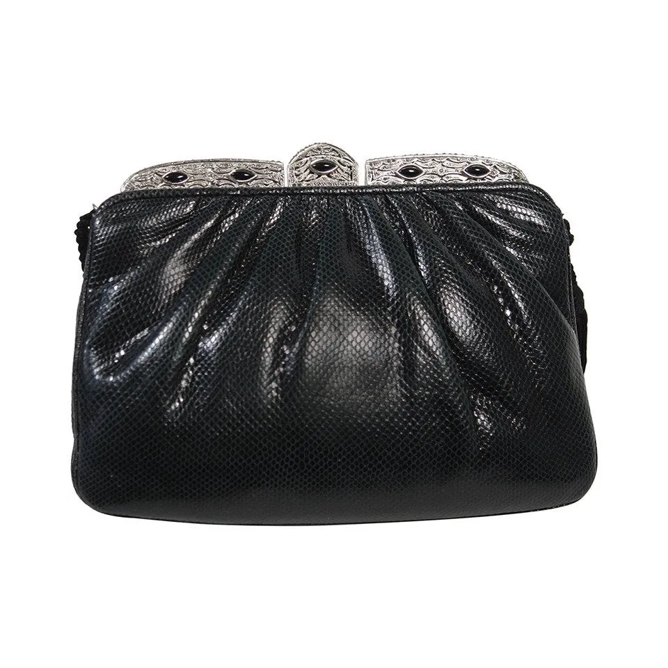 JUDITH LEIBER Black Lizard Evening Purse with Metal Frame