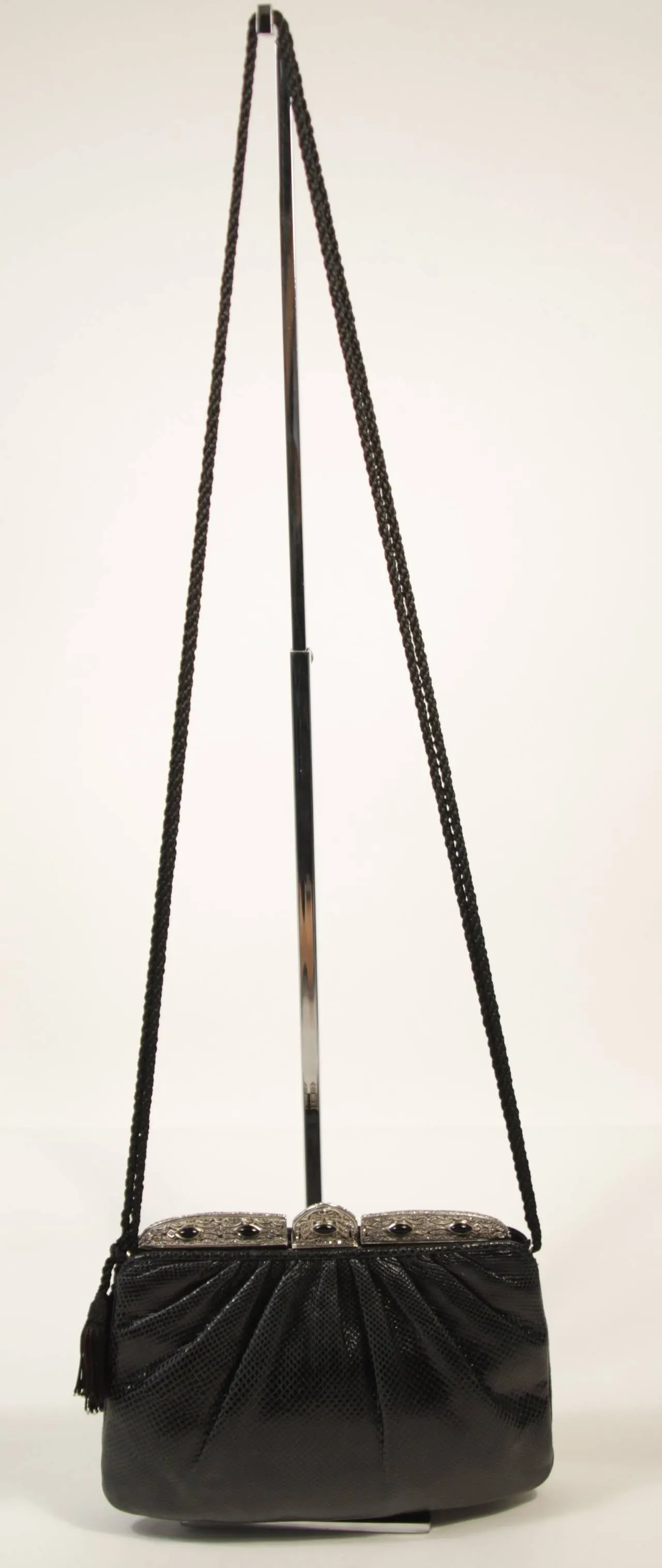 JUDITH LEIBER Black Lizard Evening Purse with Metal Frame