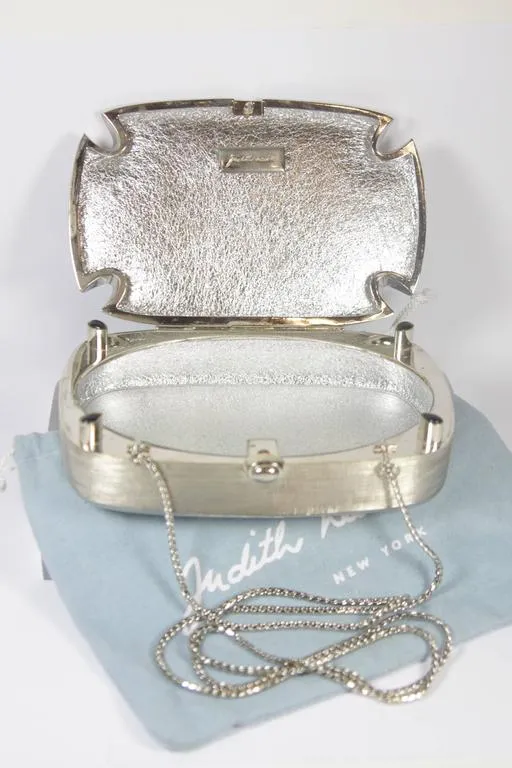 JUDITH LEIBER Brushed Metal Evening Purse with Stone Details