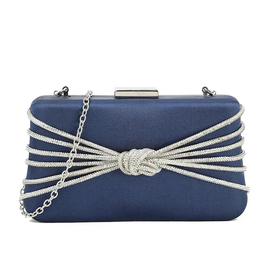 Koko Satin Solid Clutch Bag with Diamante Front in Navy