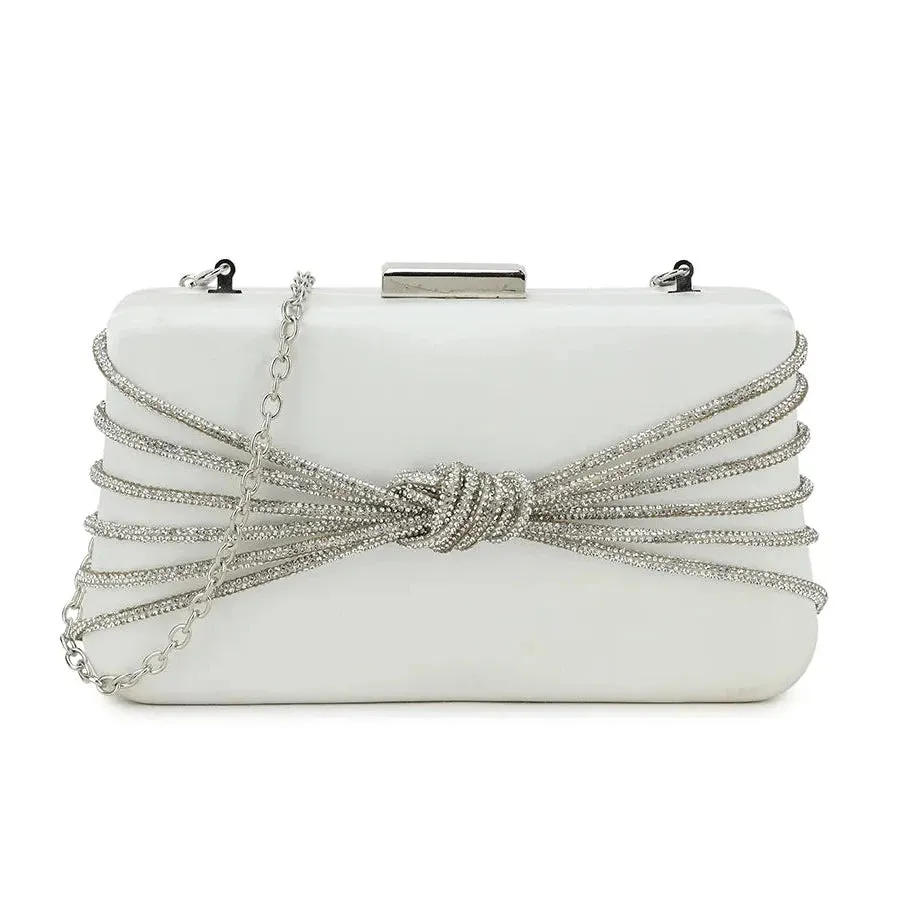 Koko Satin Solid Clutch Bag with Diamante Front in White