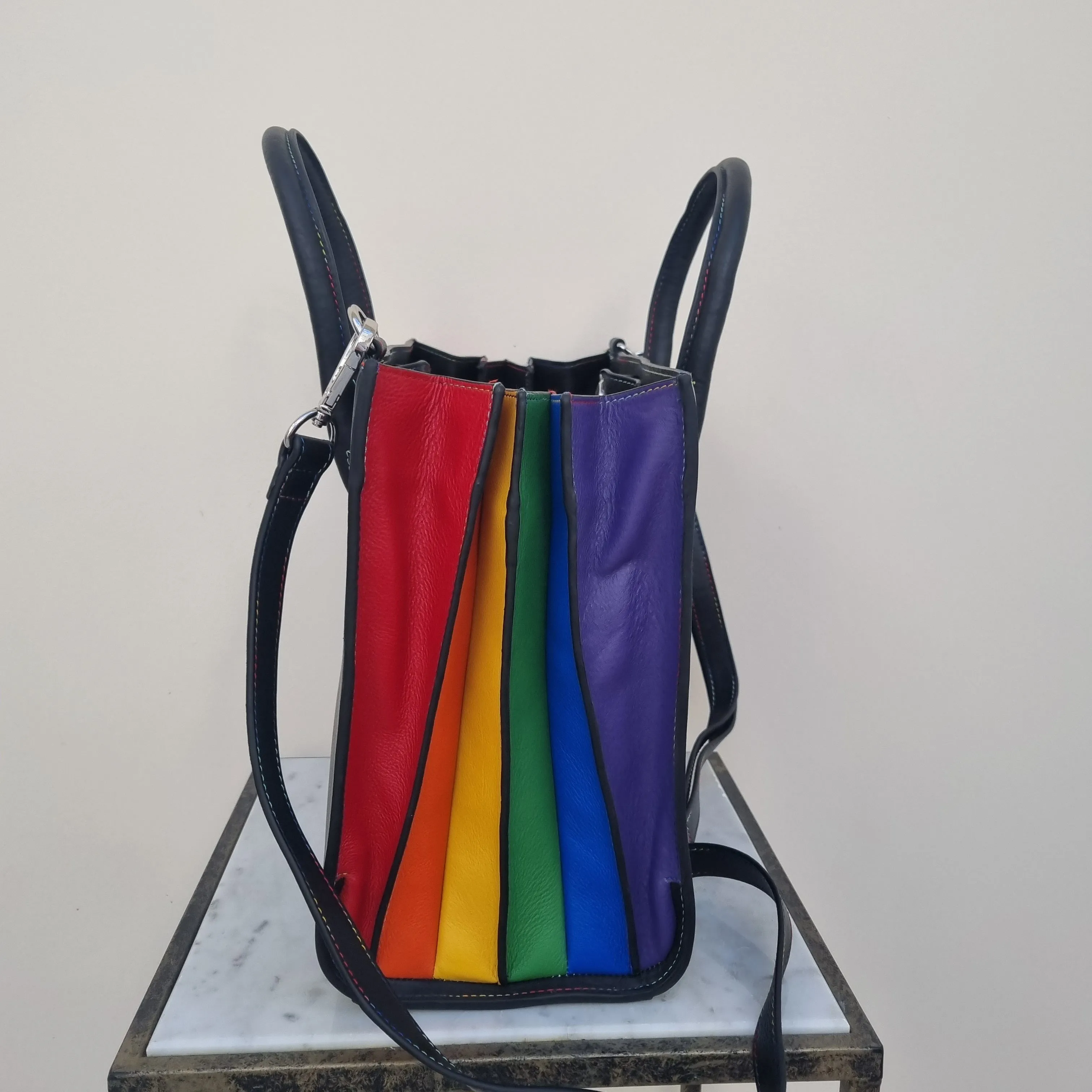 Large Accordion Leather Grab Bag with Rainbow sides