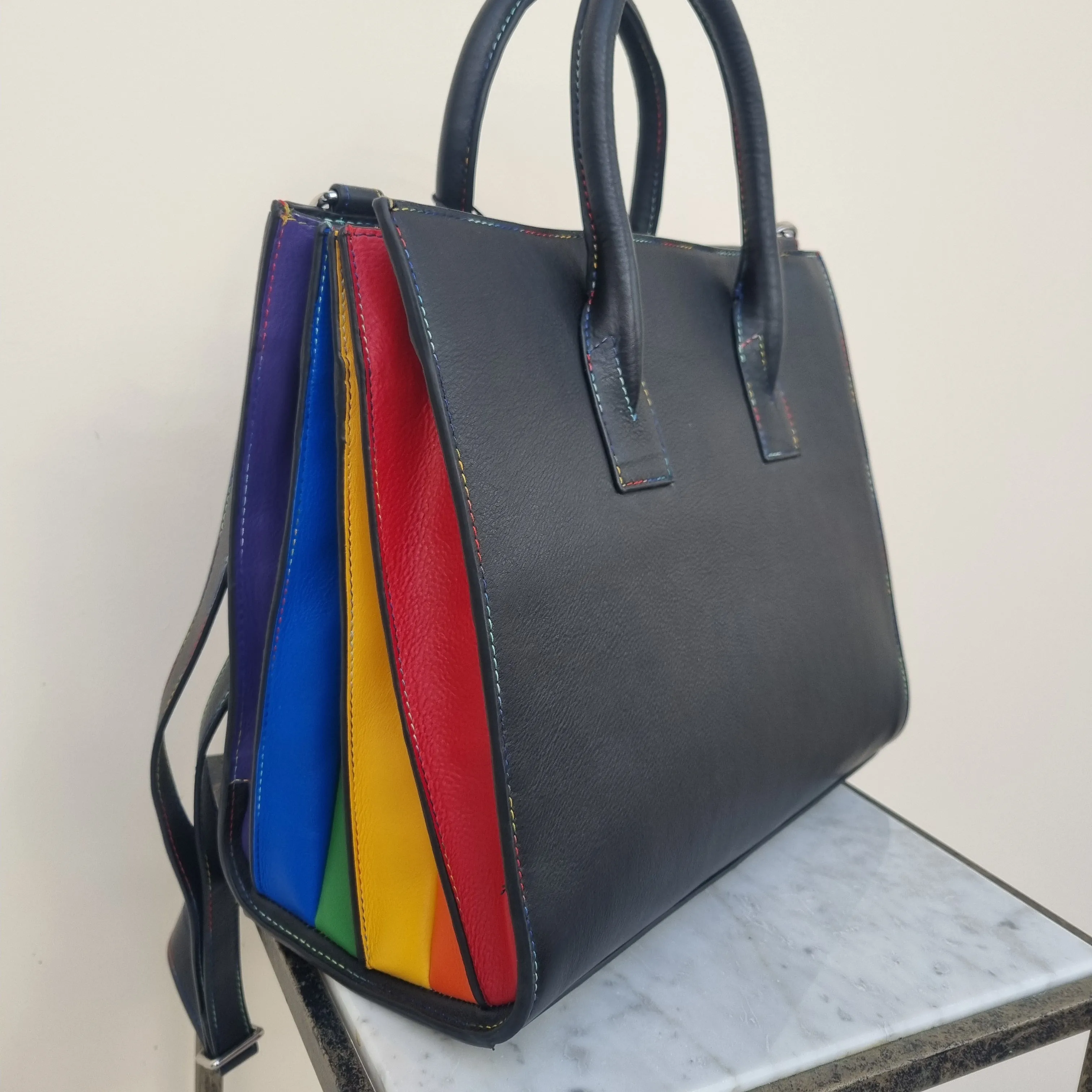 Large Accordion Leather Grab Bag with Rainbow sides