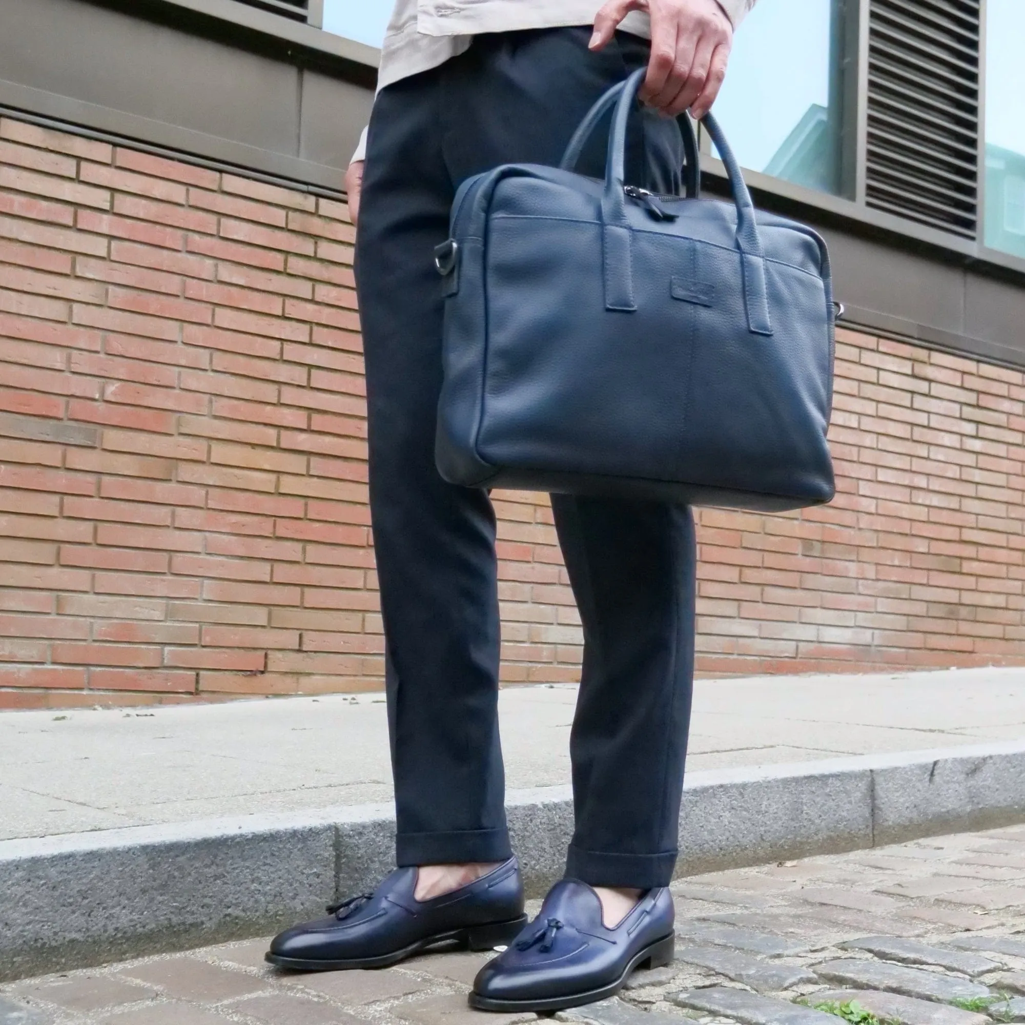 Leather Briefcase Bag Navy Blue