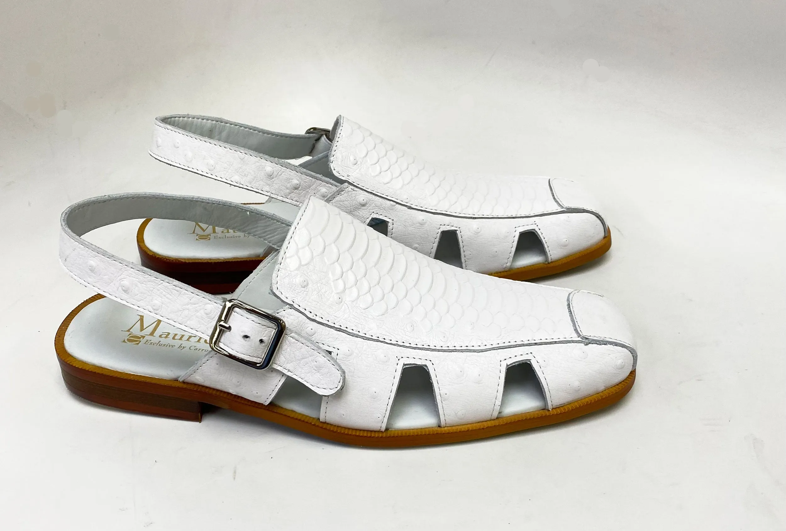 Maurice Embossed Calfskin Slip-On Back-Strap Sandal White