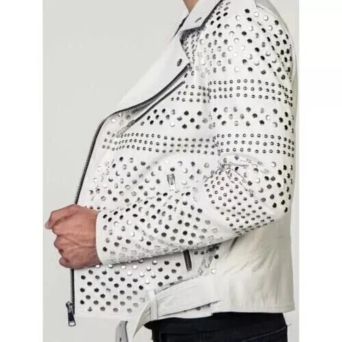 Men Leather White Jacket - Punk Studded Motorcycle Genuine Cowhide Leather Jacket