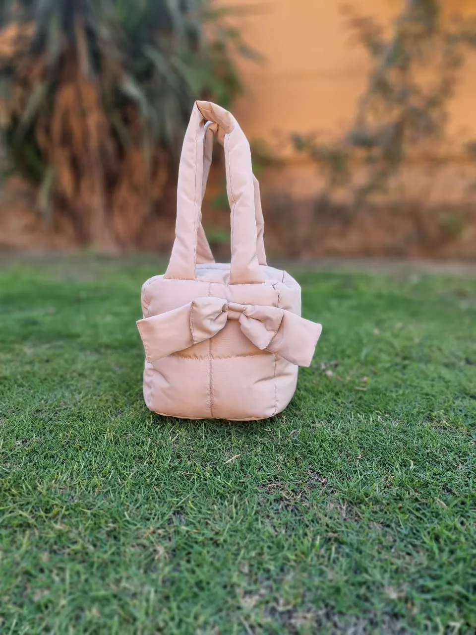 Puffer Bag Bow Tote Bag-Beige