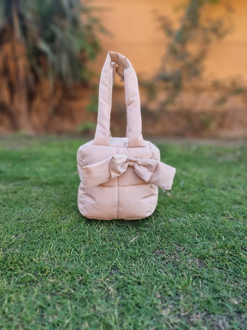 Puffer Bag Bow Tote Bag-Beige