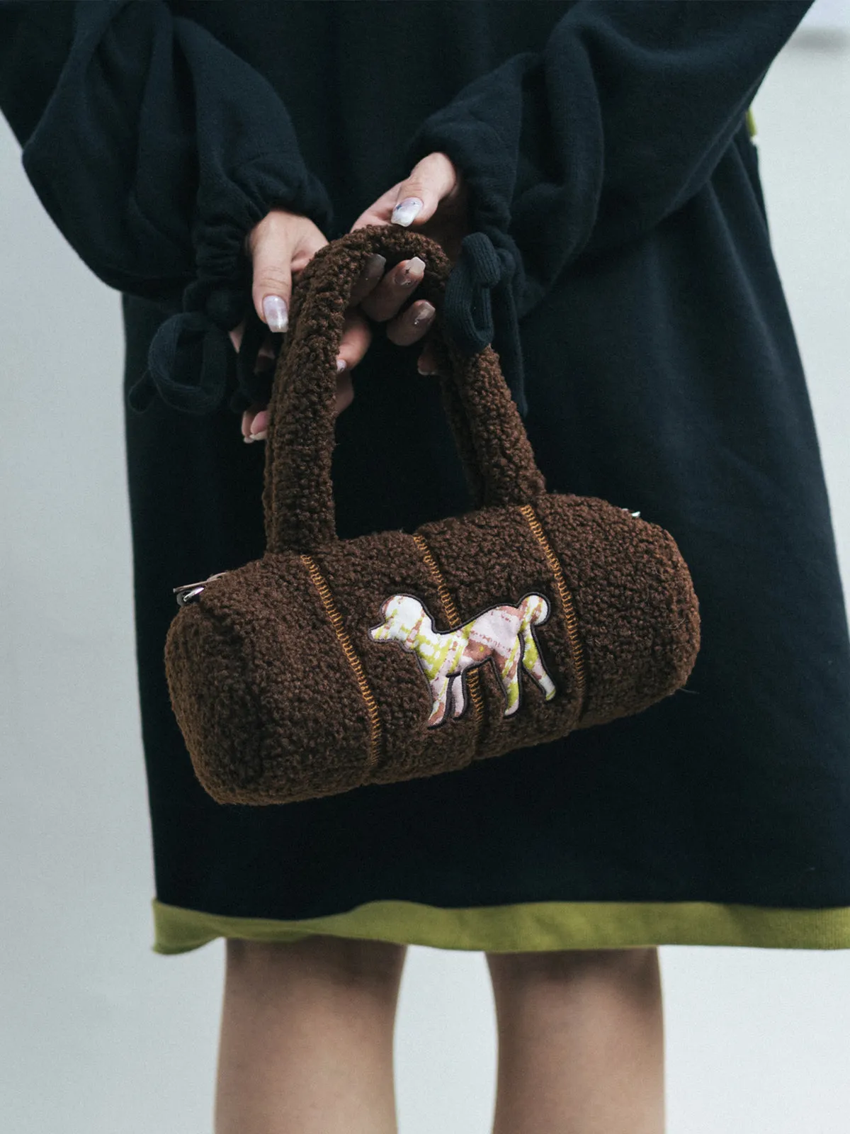 "Pan Pan" Cylinder Shearling Bag - Chocolate