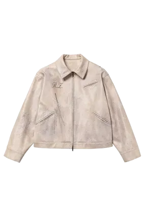 REGEN ZONE Distressed White Ink-splattered Vintage Leather Jacket