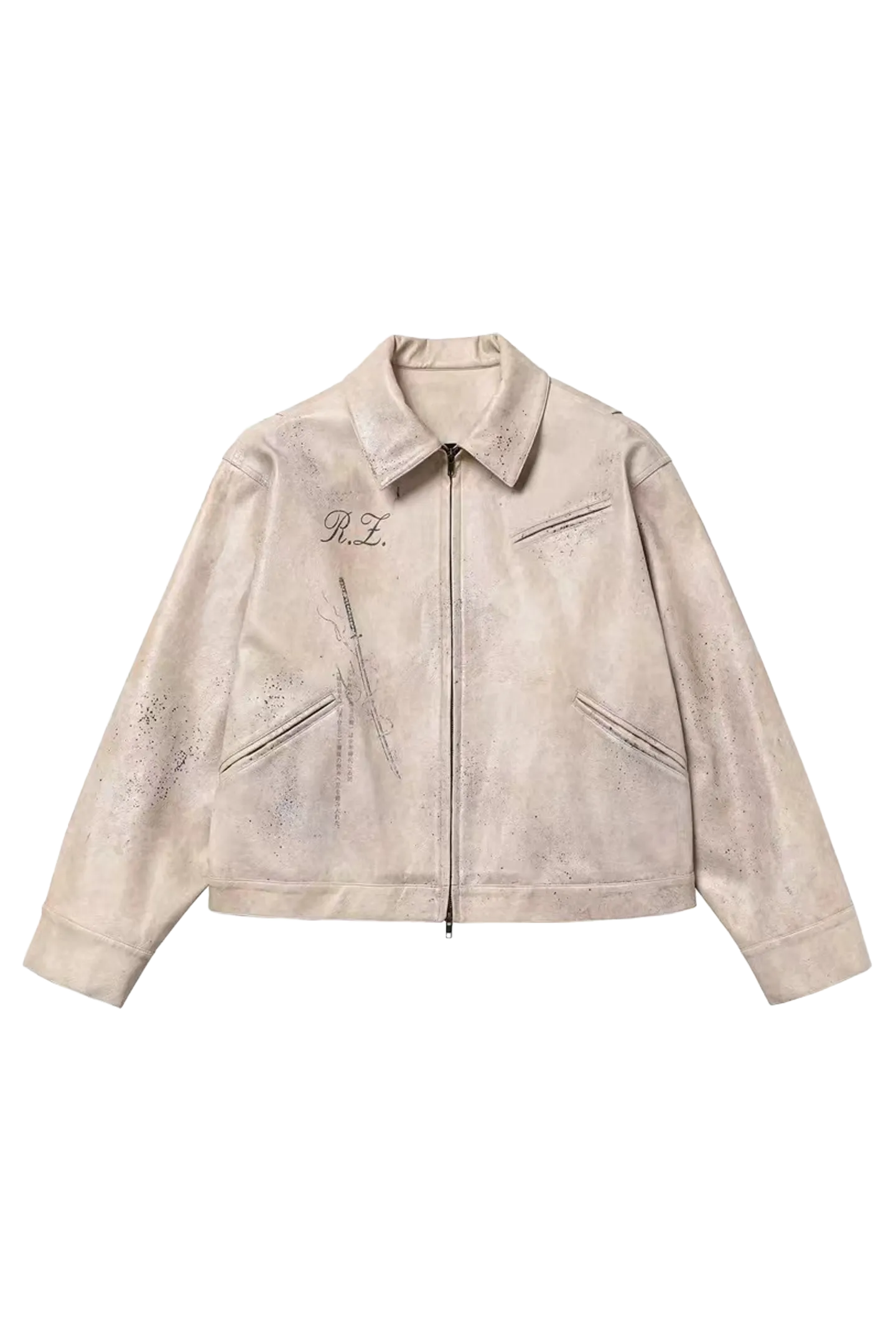 REGEN ZONE Distressed White Ink-splattered Vintage Leather Jacket