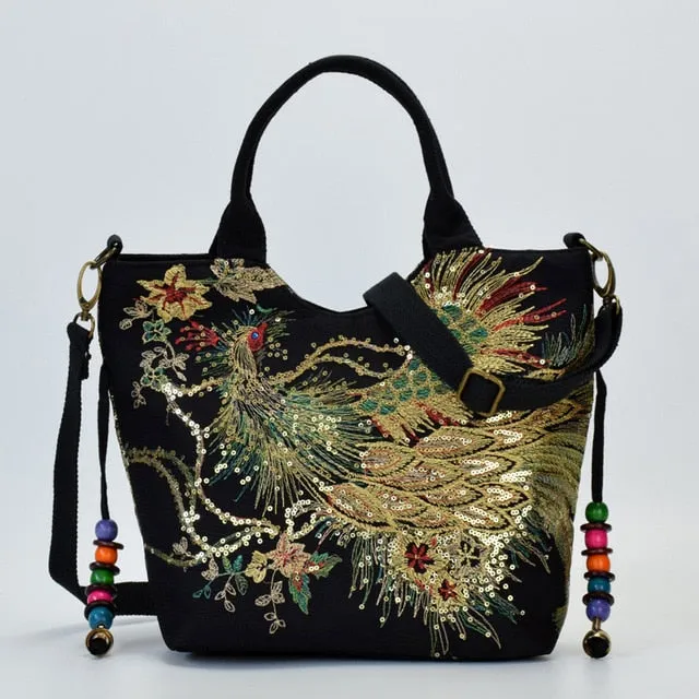 Shiny Peacock Embroidered Tote Bag Retro Casual Large Handbag Shoulder Belt