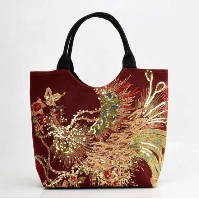 Shiny Peacock Embroidered Tote Bag Retro Casual Large Handbag Shoulder Belt