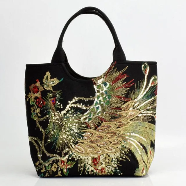 Shiny Peacock Embroidered Tote Bag Retro Casual Large Handbag Shoulder Belt