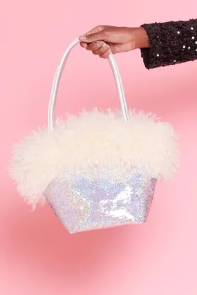 Silver Bamboo Sequin Faux Fur Bag