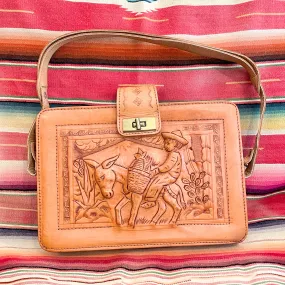 SOLD Vintage Tooled Leather Handbag, Donkey Boy/Aztec Design Purse