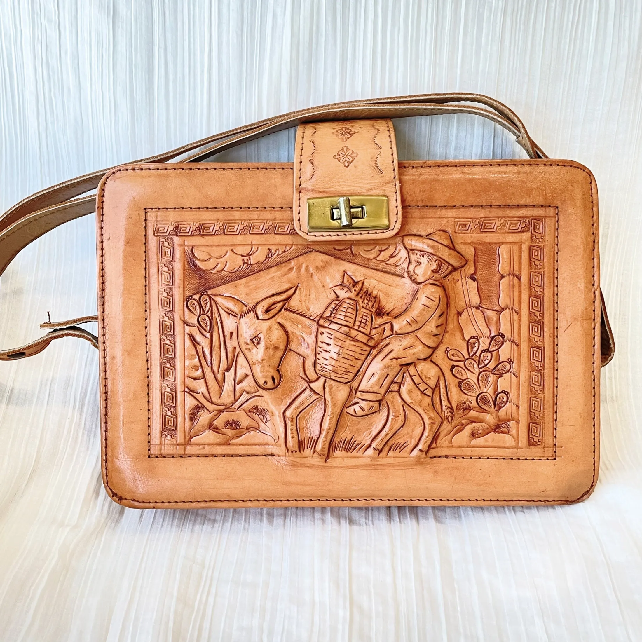 SOLD Vintage Tooled Leather Handbag, Donkey Boy/Aztec Design Purse